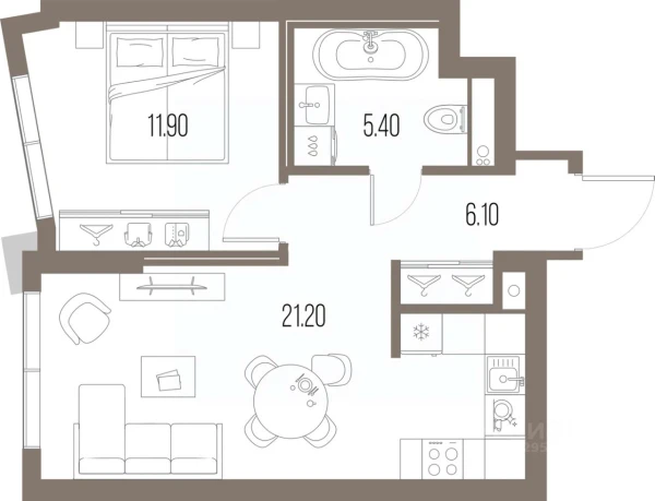 Планировка: 1-комнатная, 44.6 м²