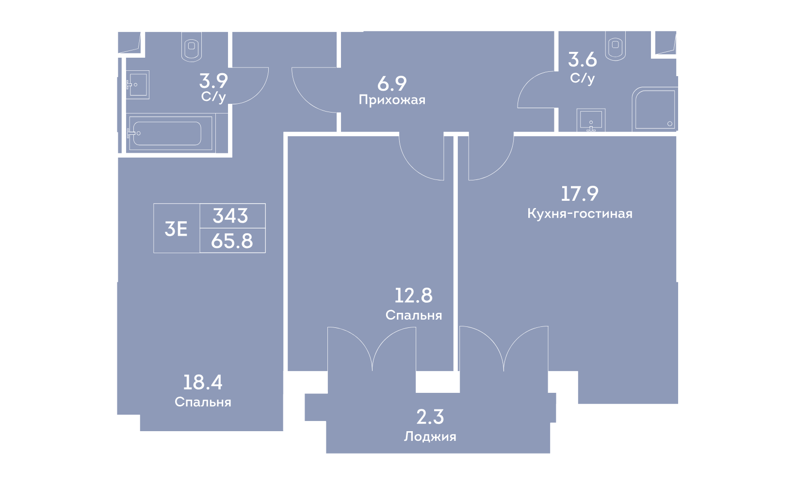 Планировка: 3-комнатная, 65.9 м²
