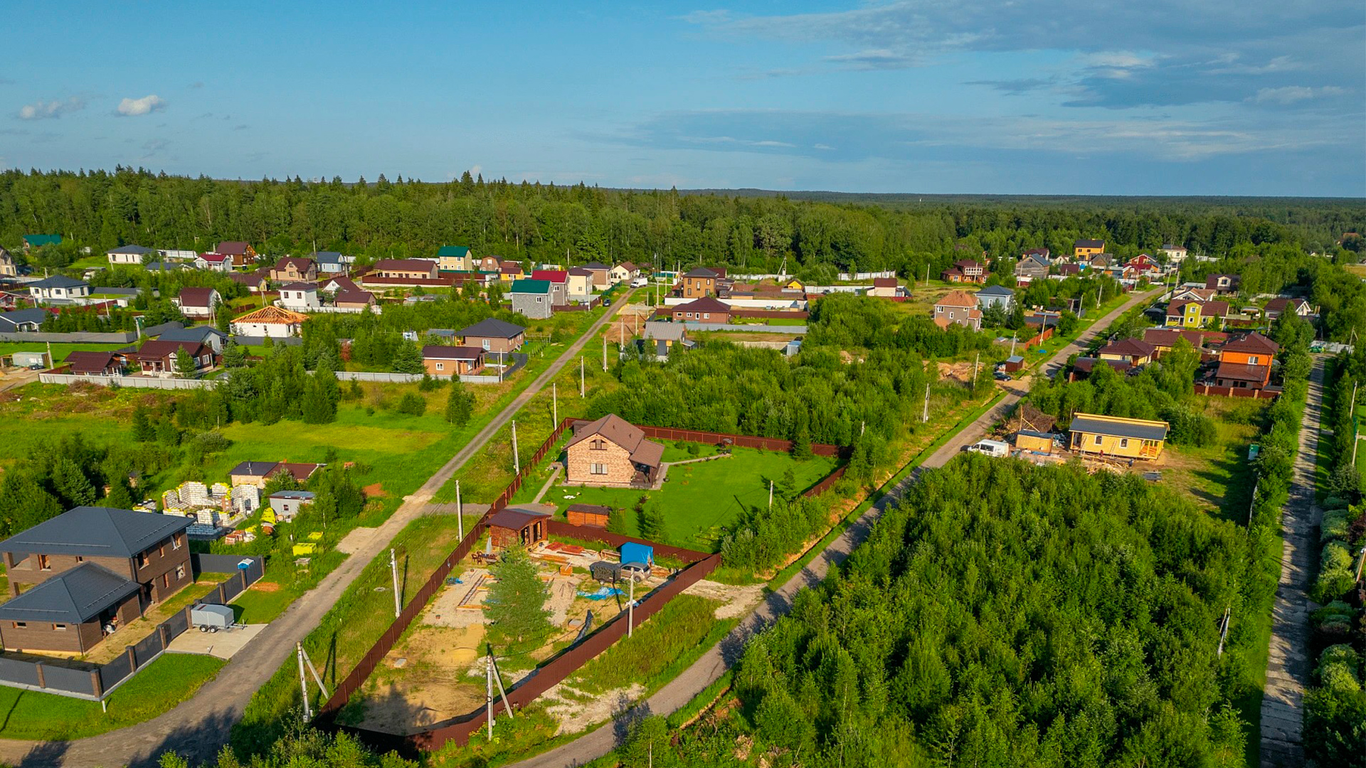 Коттеджный поселок летом улицы, дома