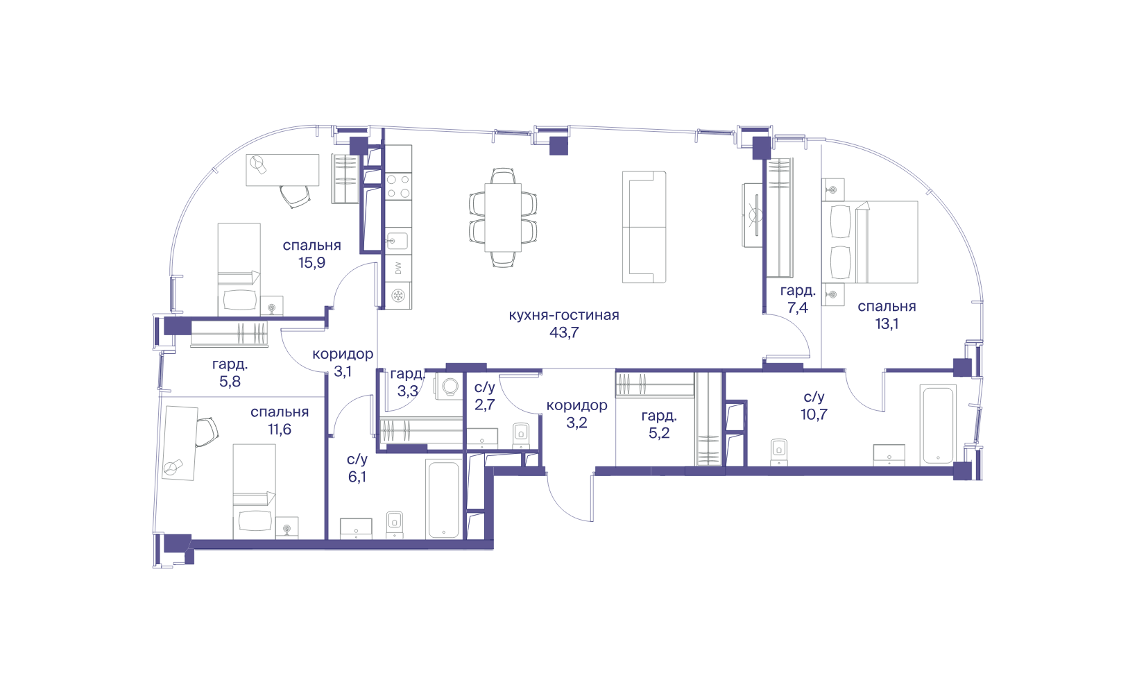 Планировка: 3-комнатная, 131.8 м²