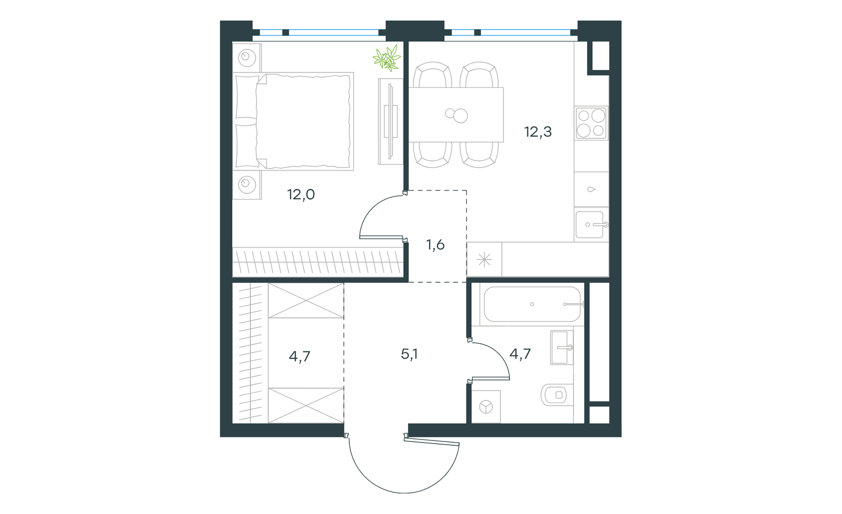 Планировка: 1-комнатная, 40.4 м²