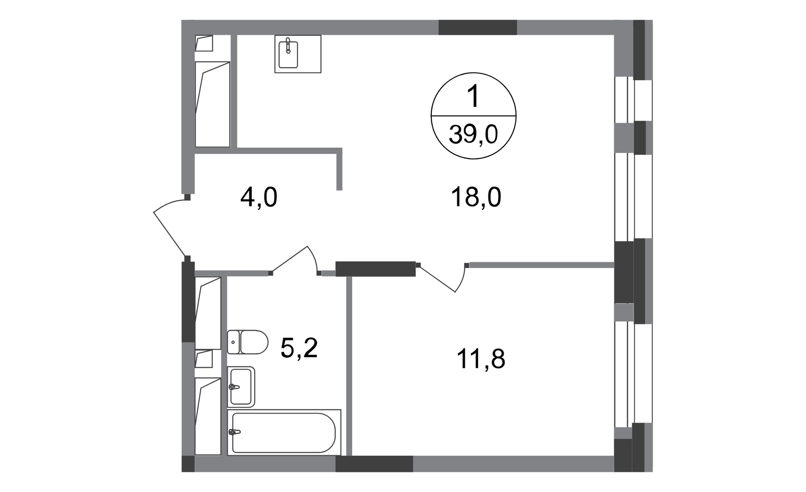 Планировка: 1-комнатная, 39 м²