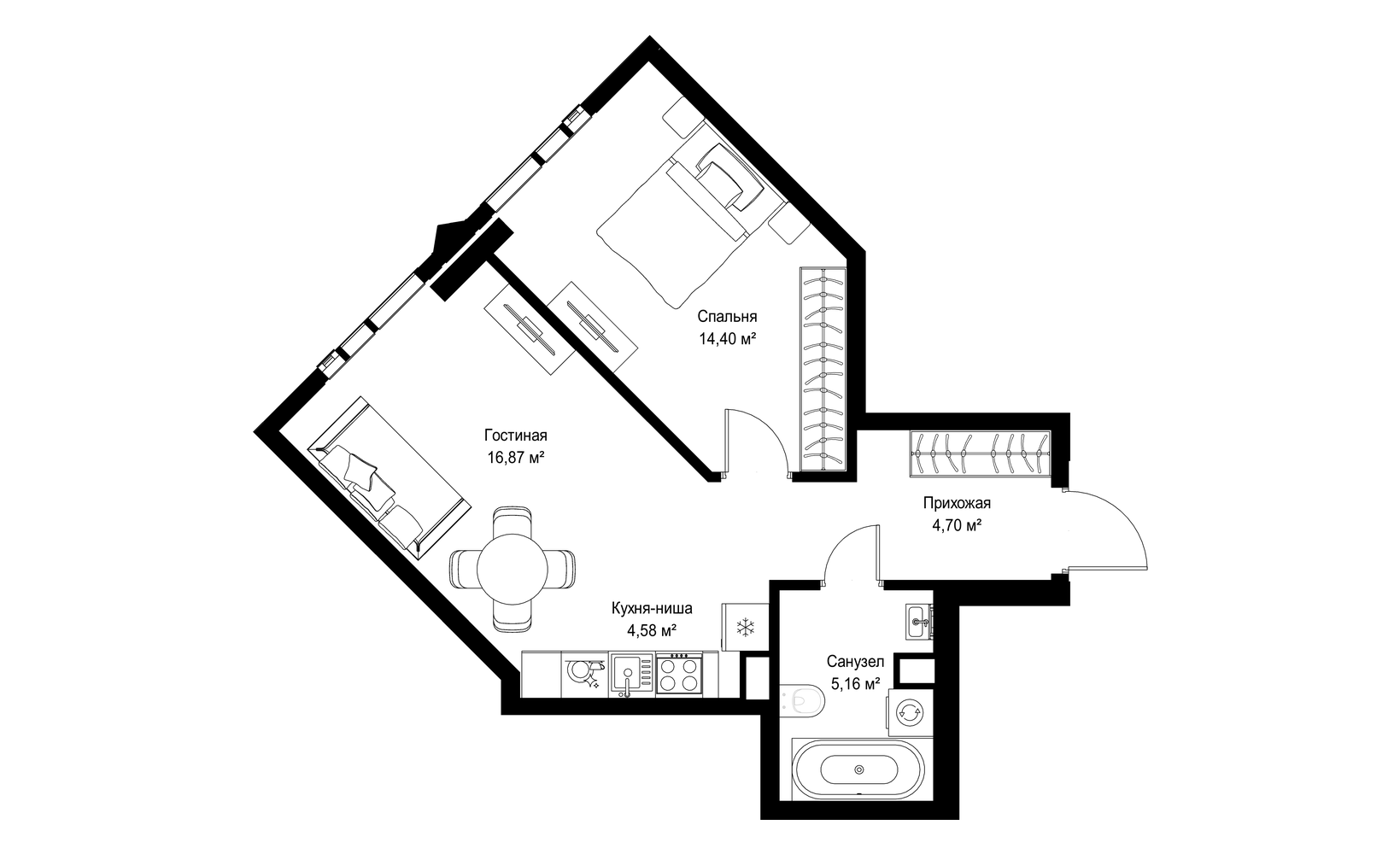 Планировка: 1-комнатная, 45.7 м²