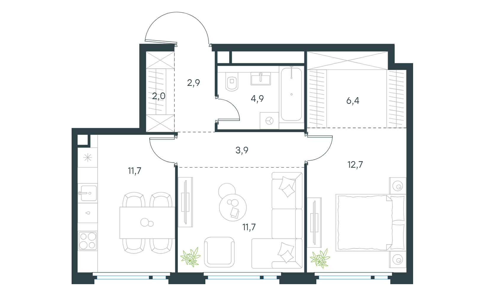 Планировка: 2-комнатная, 56.2 м²