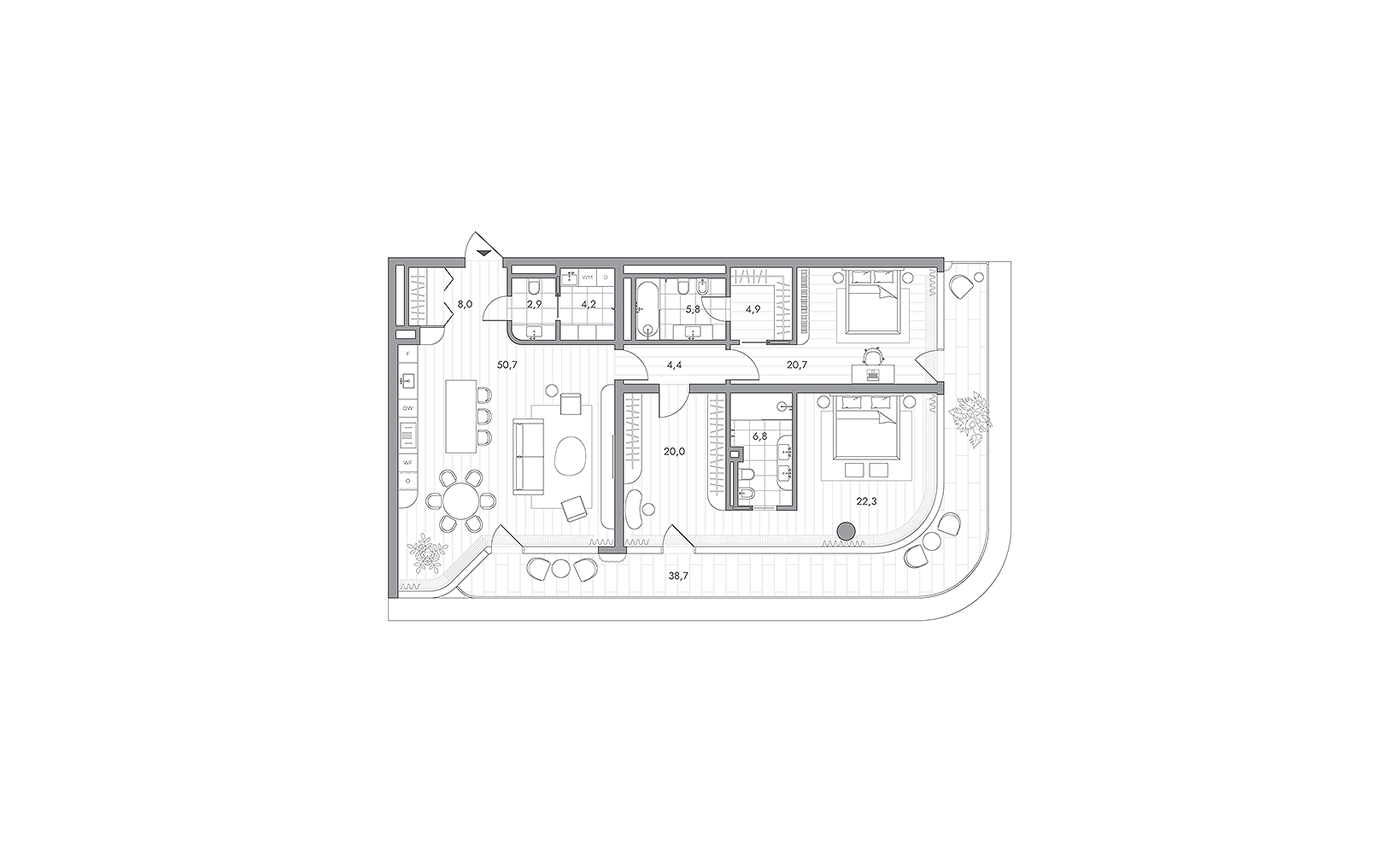 Планировка: 2-комнатная, 162.3 м²