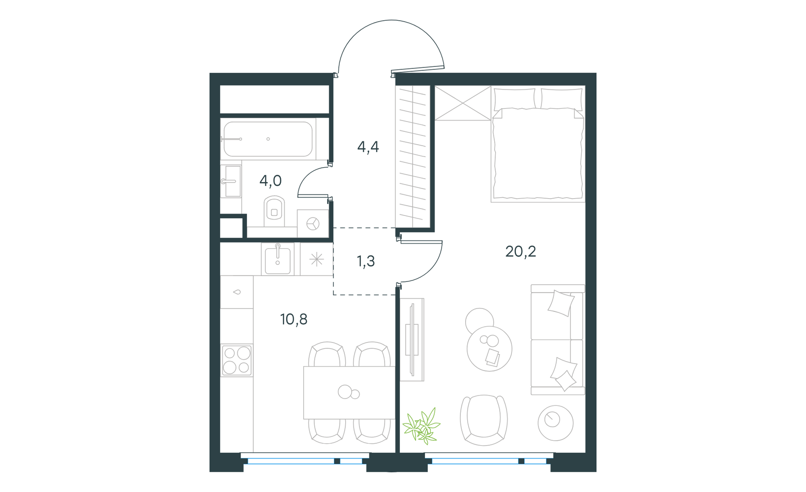 Планировка: 1-комнатная, 40.7 м²