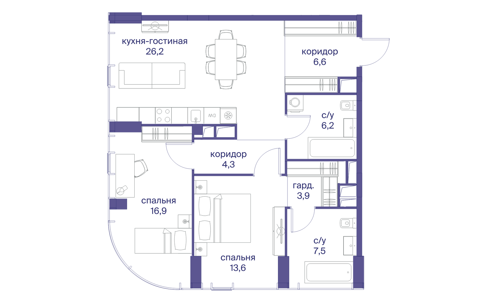 Планировка: 2-комнатная, 85.2 м²