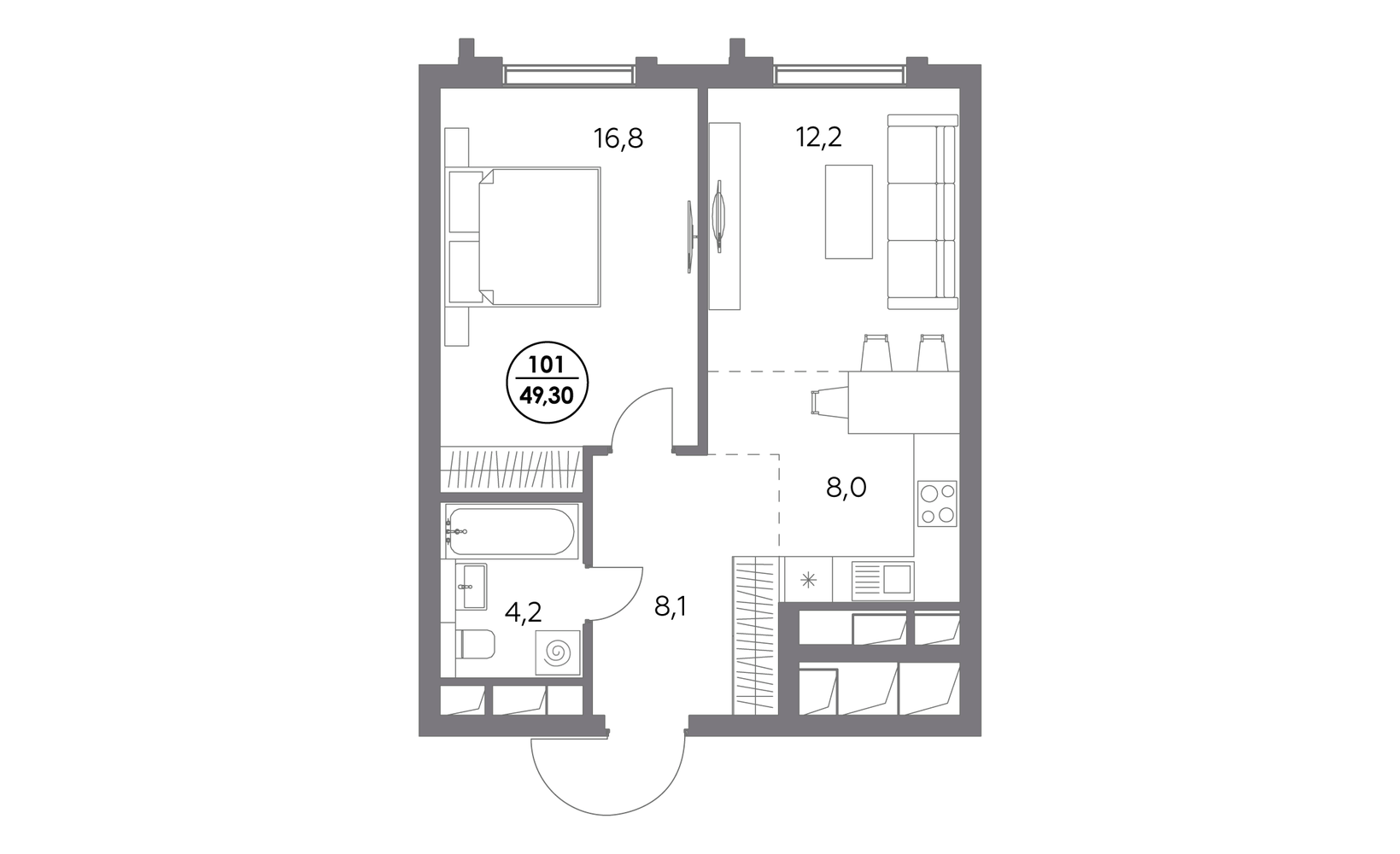 Планировка: 1-комнатная, 49.3 м²