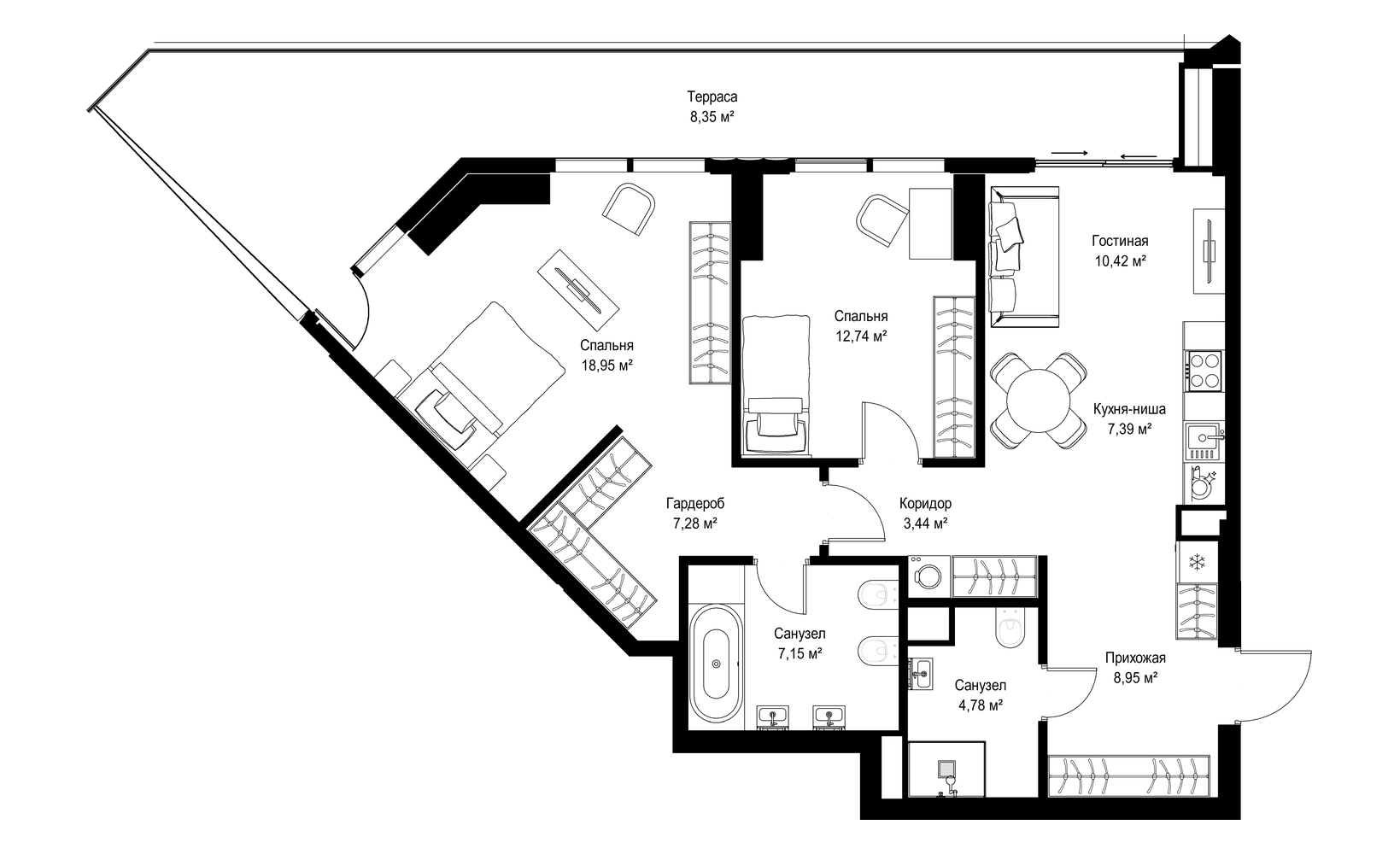 Планировка: 2-комнатная, 89.5 м²
