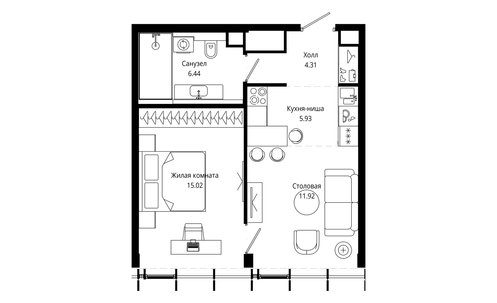 Планировка: 1-комнатная, 43.8 м²