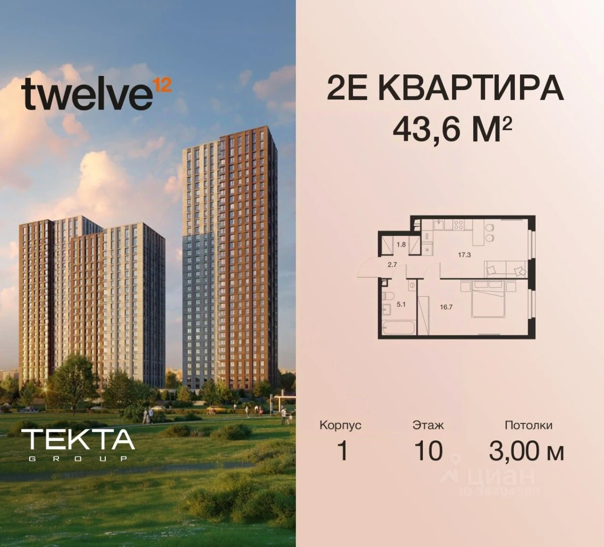 Планировка: 2-комнатная, 43.6 м², №110281
