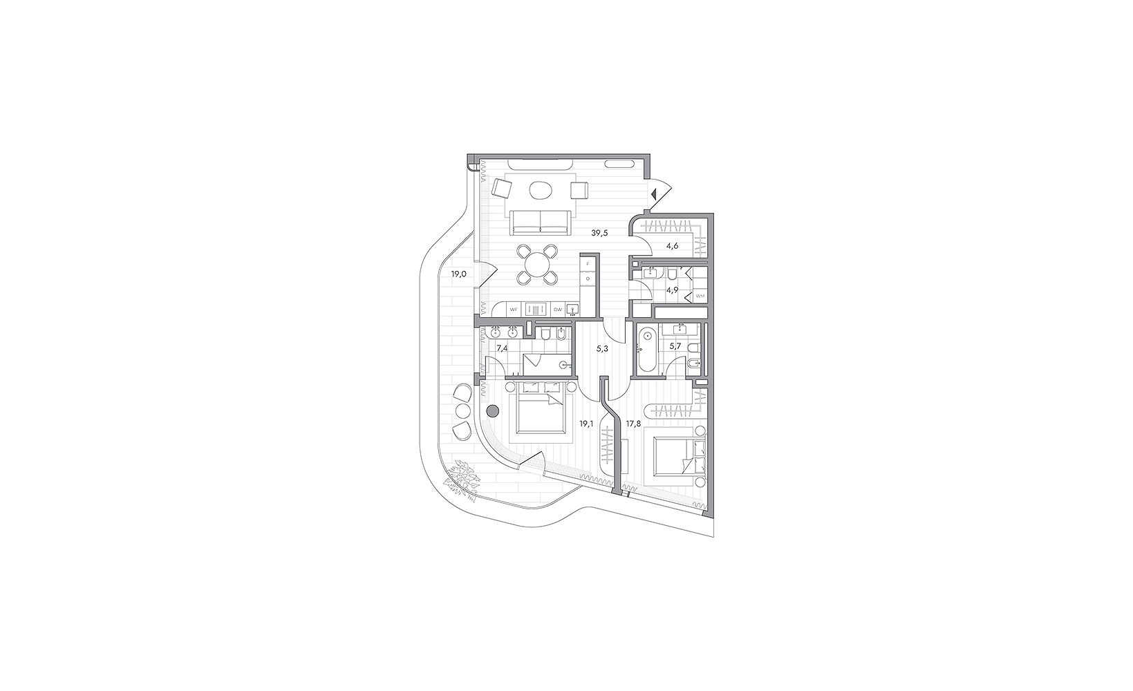 Планировка: 2-комнатная, 110 м², №127054