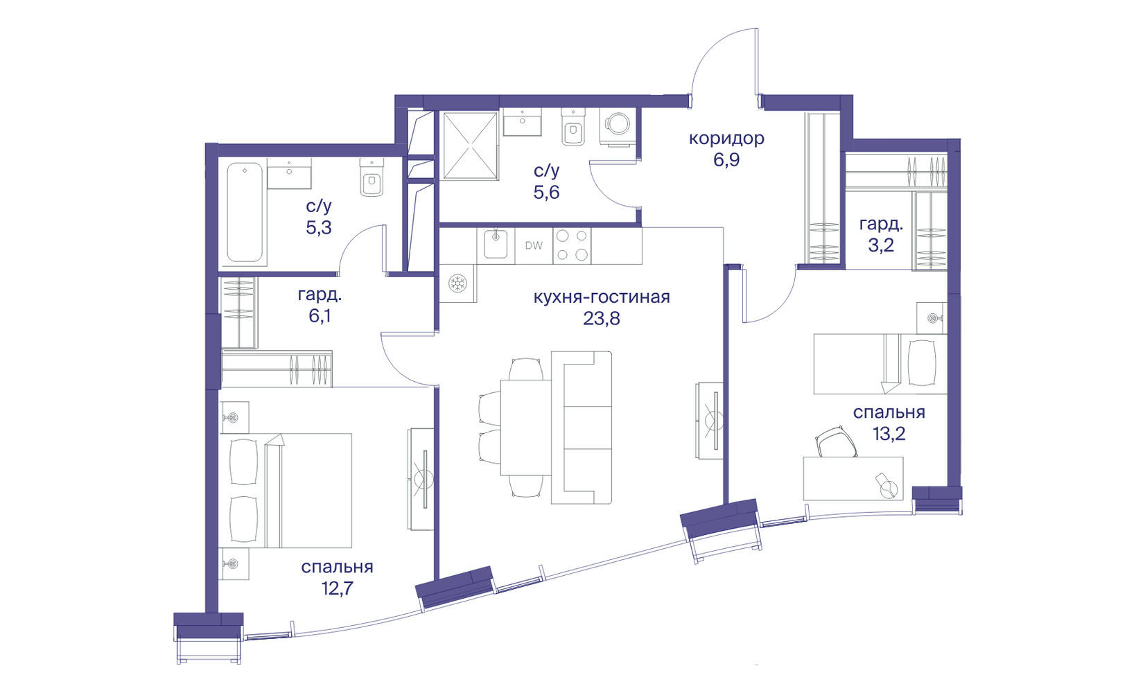 Планировка: 2-комнатная, 76.8 м²