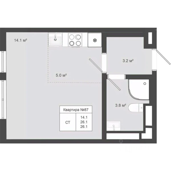Планировка студии 26,1 м² в Яковлево