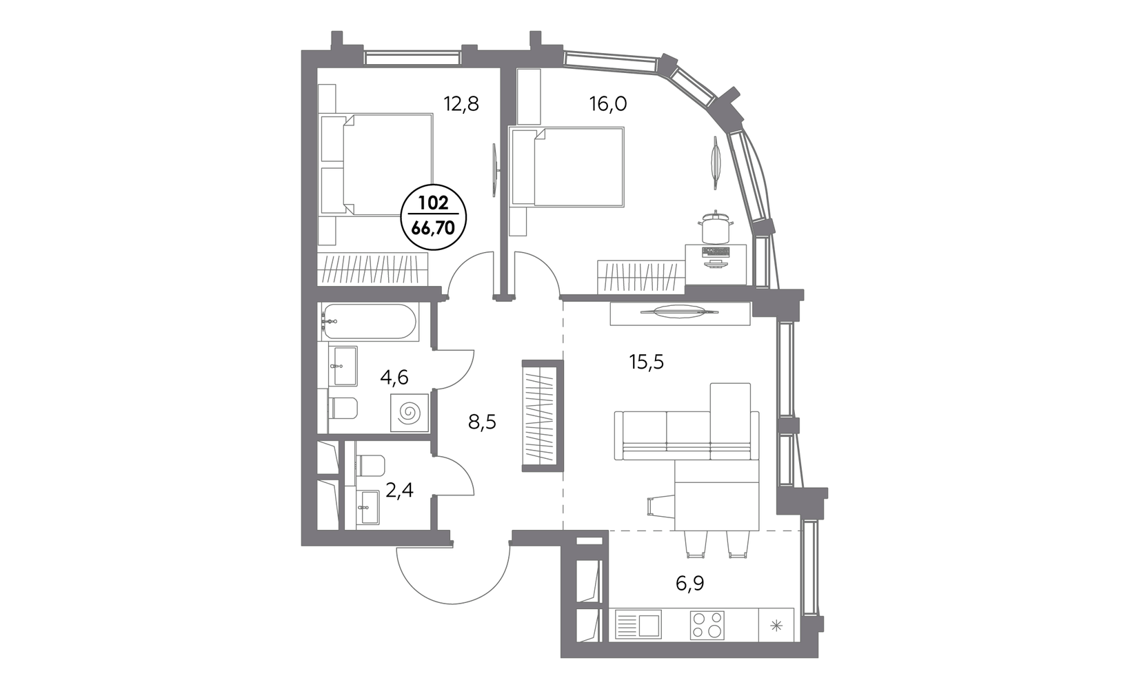 Планировка: 2-комнатная, 66.7 м²