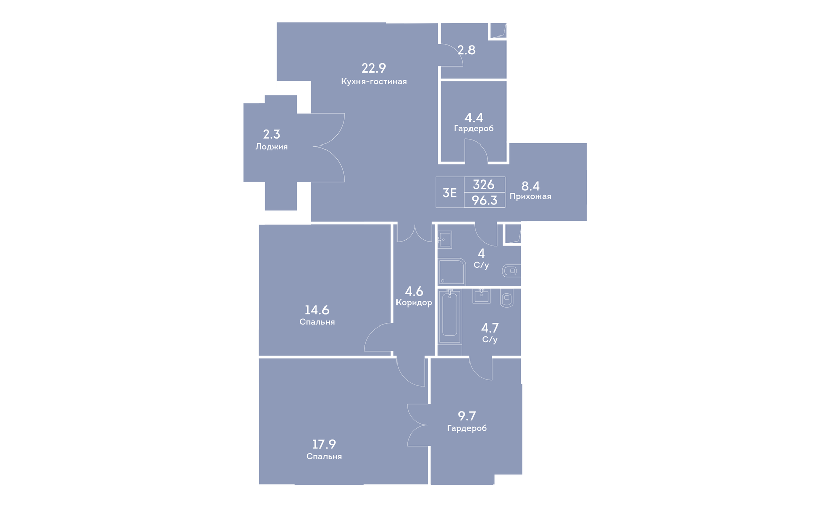 Планировка: 3-комнатная, 96.1 м²