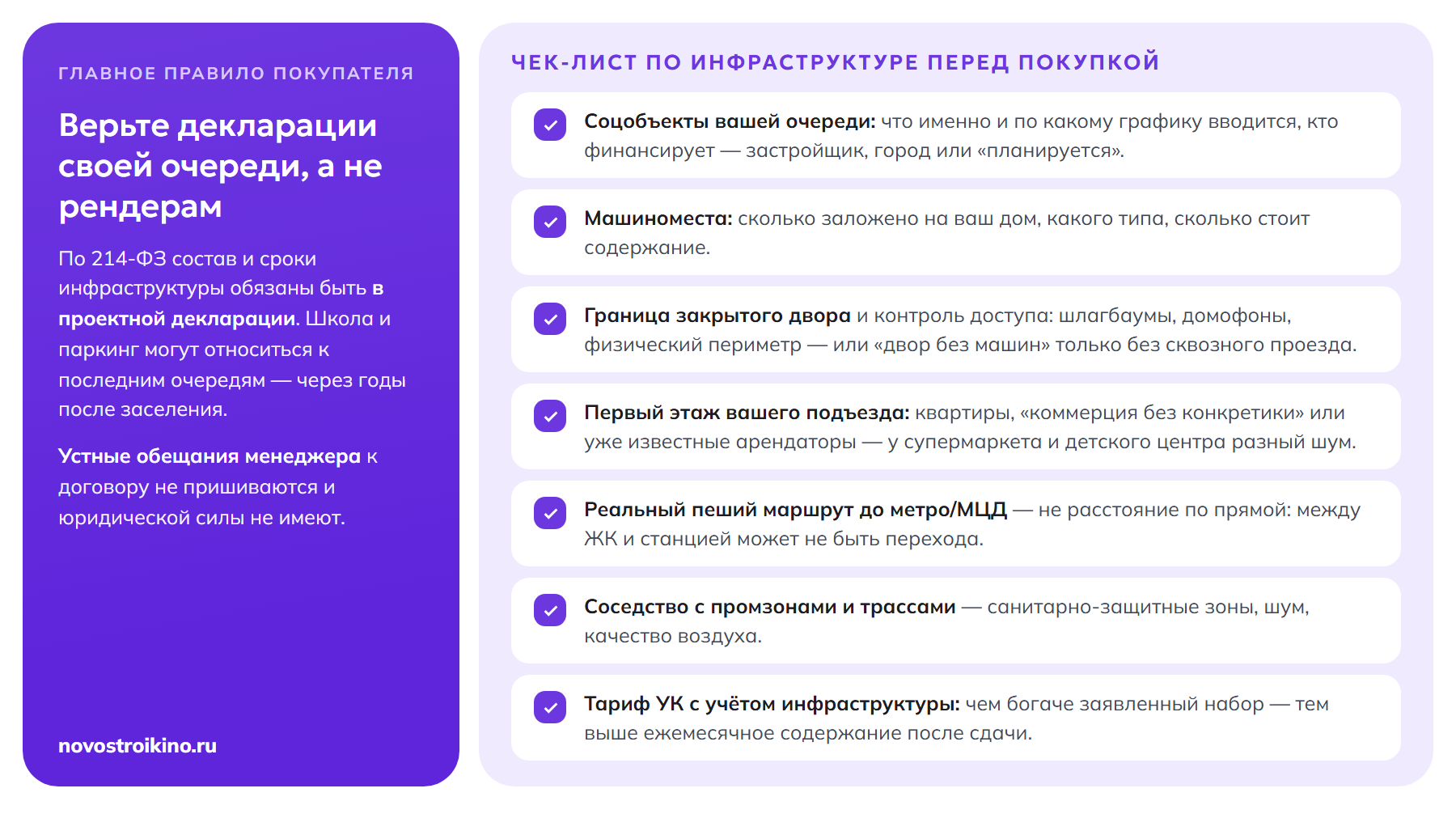 Главное правило: верьте проектной декларации своей очереди, а не рендерам; чек-лист по инфраструктуре перед покупкой