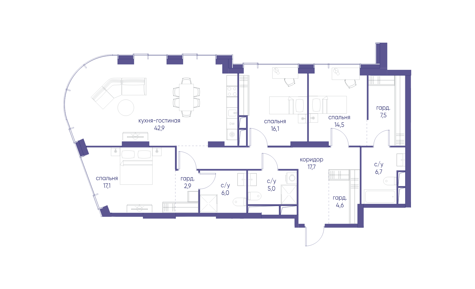 Планировка: 3-комнатная, 141 м²