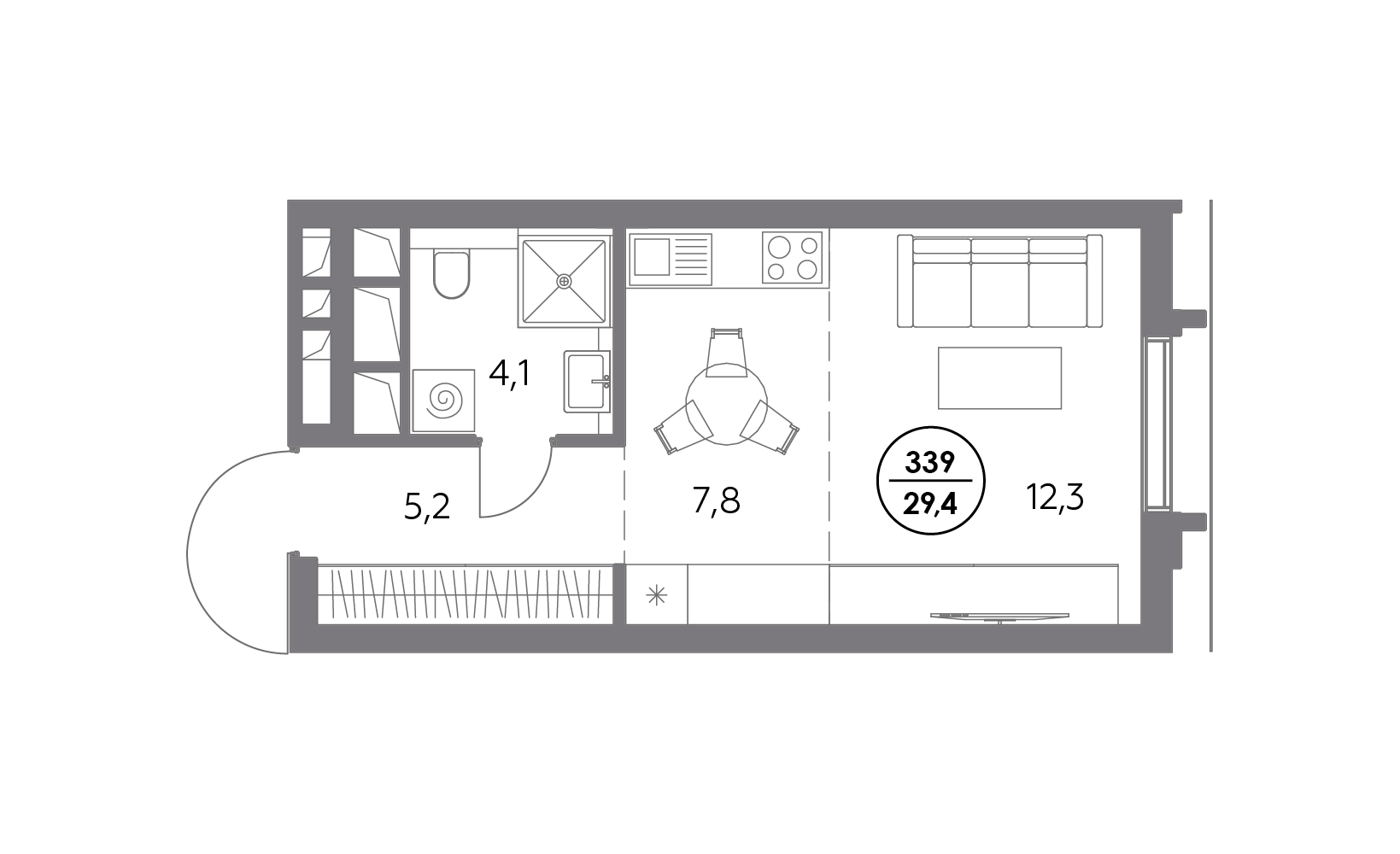 Планировка: Студия, 29.4 м²