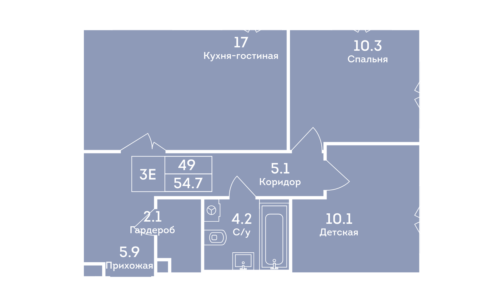 Планировка: 3-комнатная, 54.7 м²