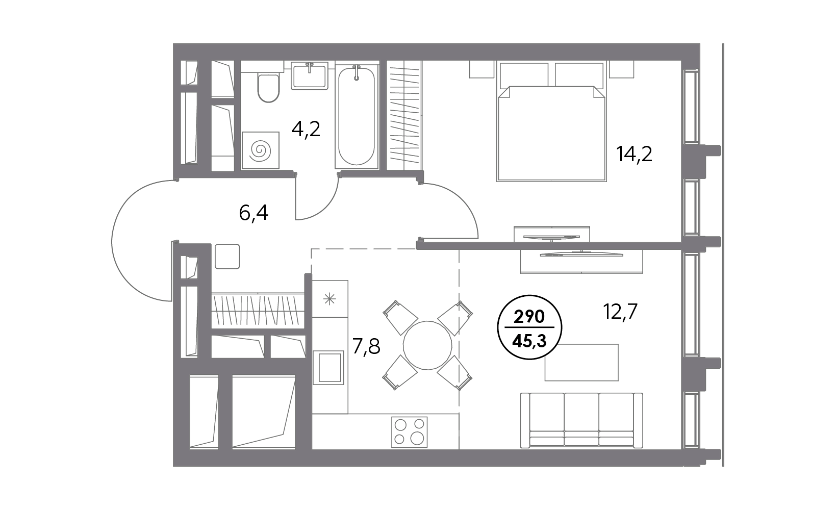 Планировка: 1-комнатная, 45.3 м²