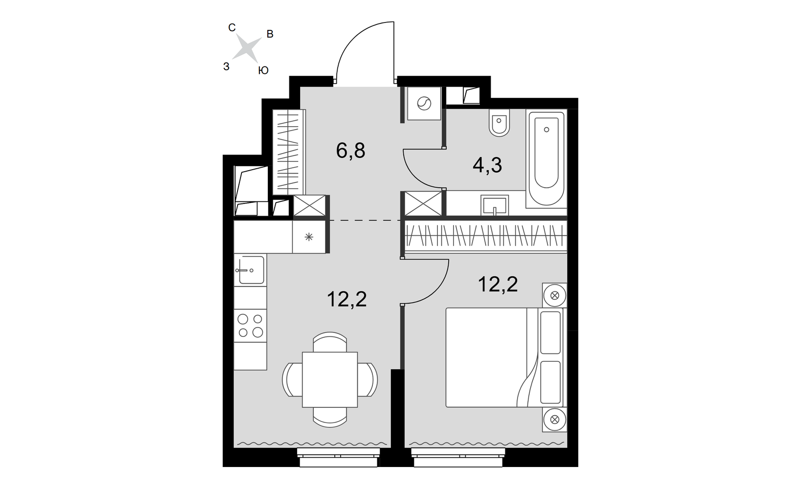 Планировка: 1-комнатная, 35.5 м²