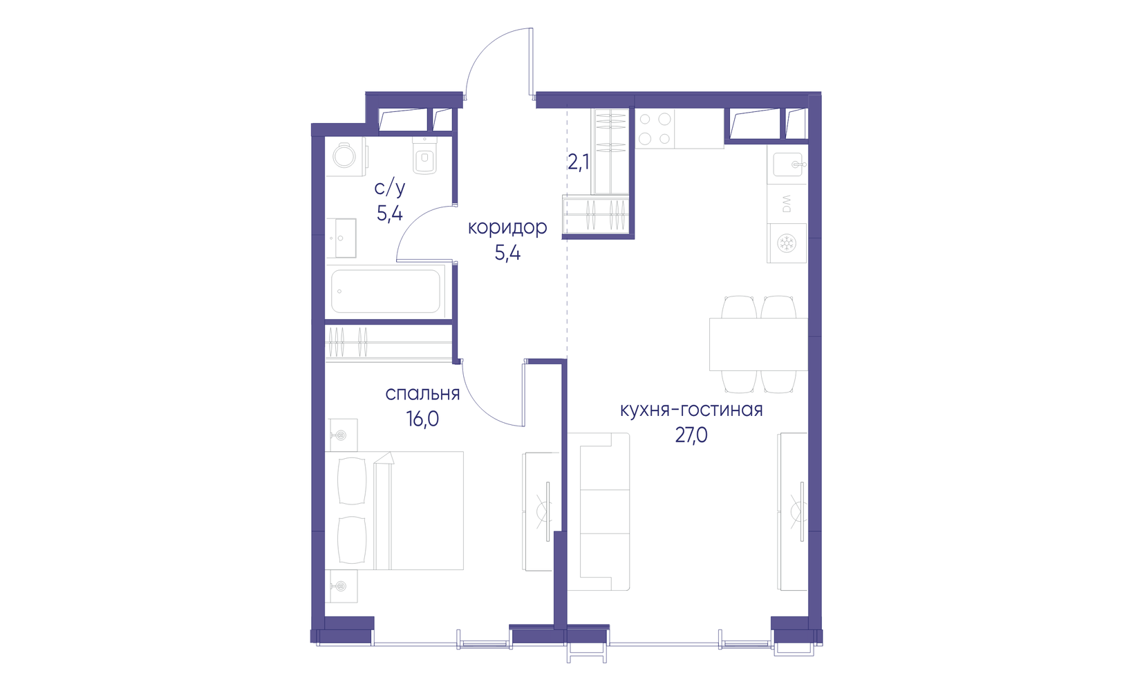 Планировка: 1-комнатная, 55.9 м²