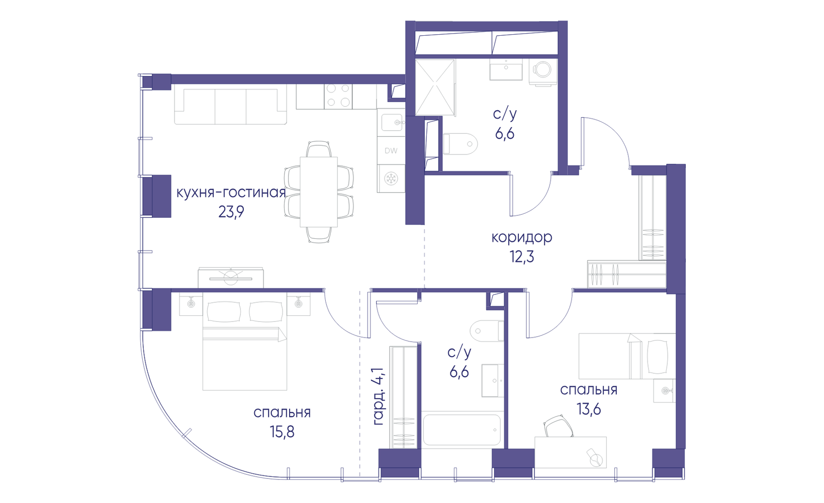 Планировка: 2-комнатная, 82.9 м²