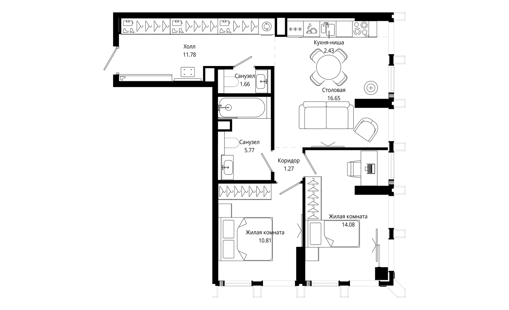 Планировка: 2-комнатная, 64.3 м²