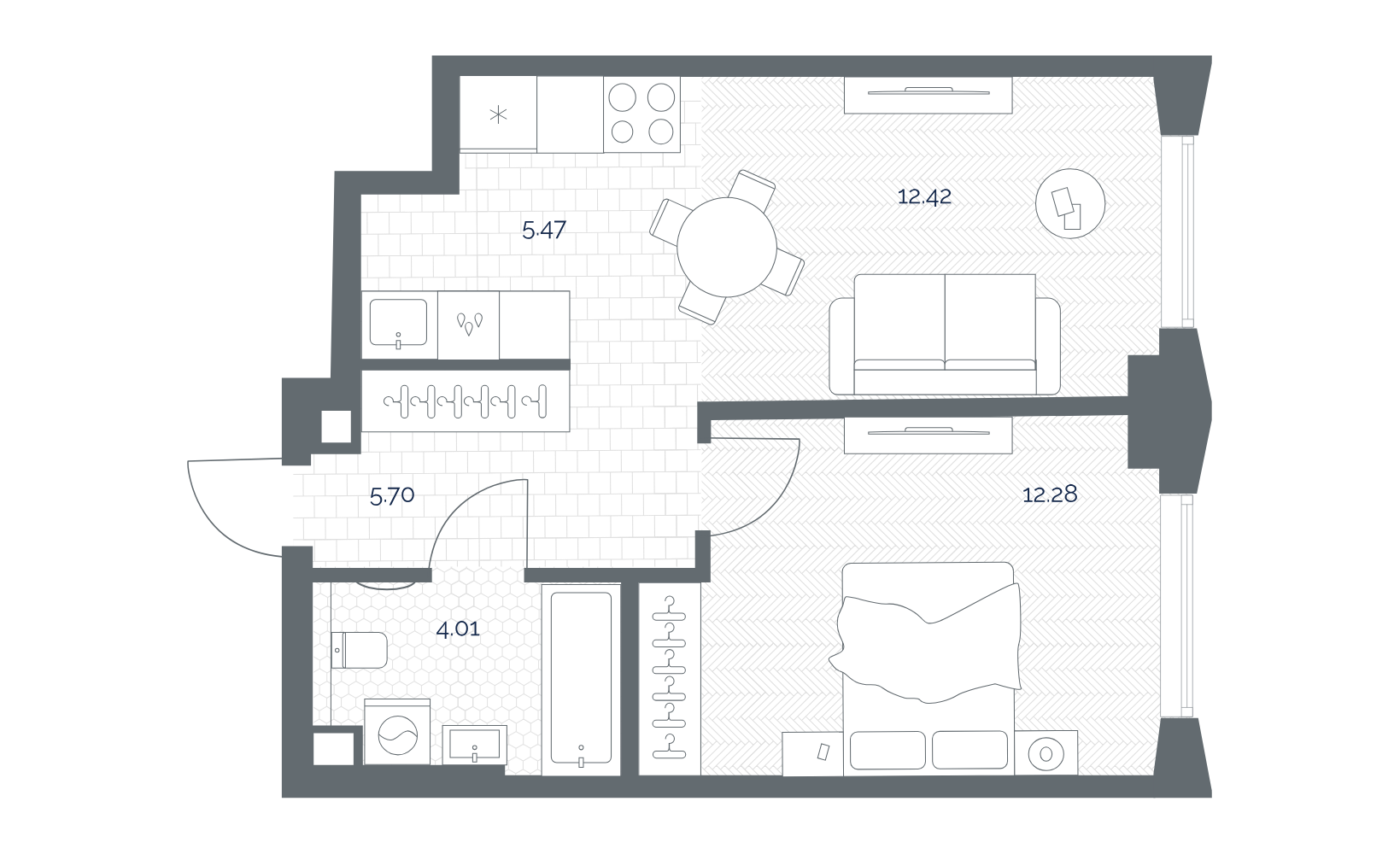 Планировка: 1-комнатная, 39.9 м²