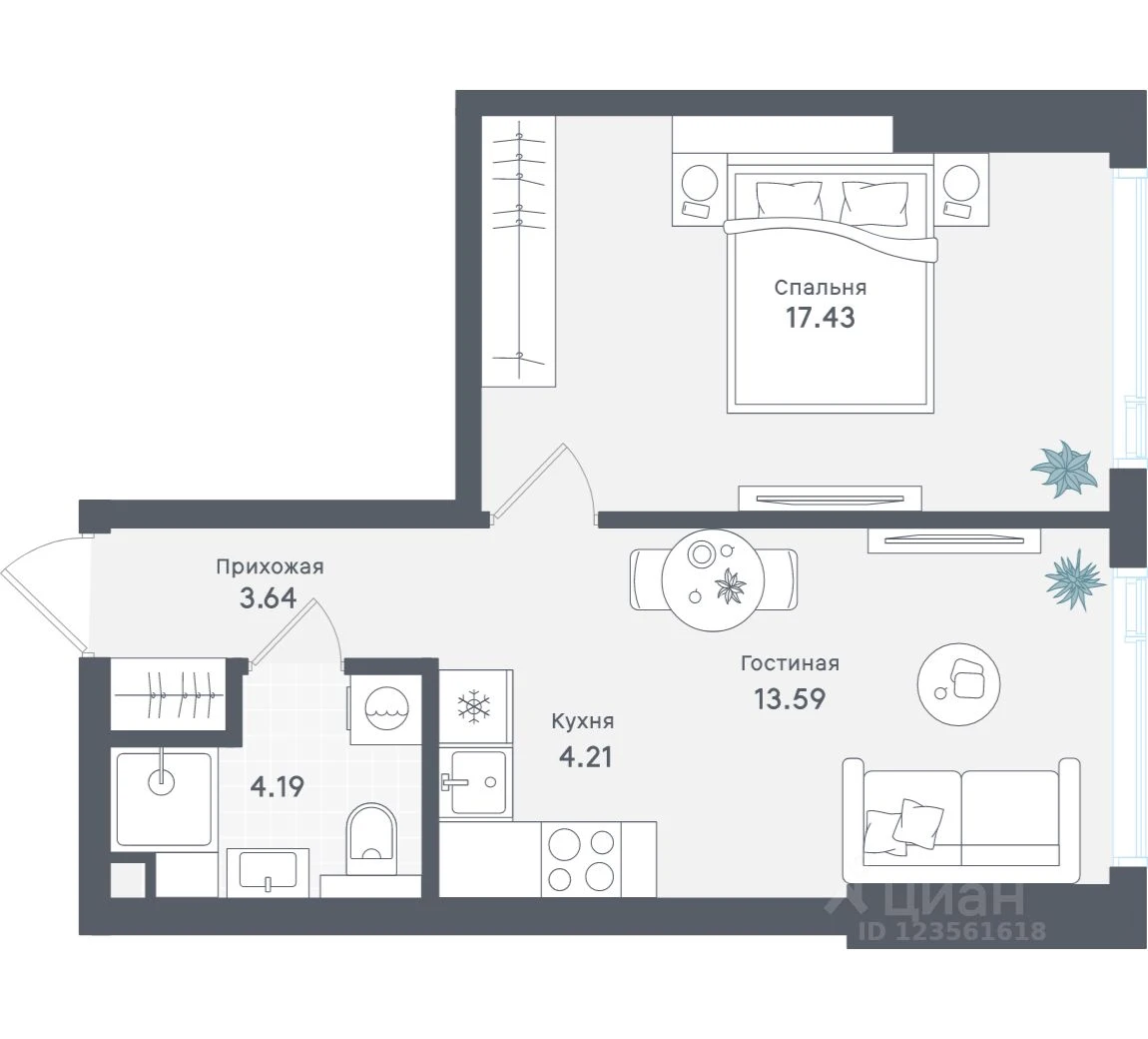 Планировка: 1-комнатная, 43.06 м², №114734
