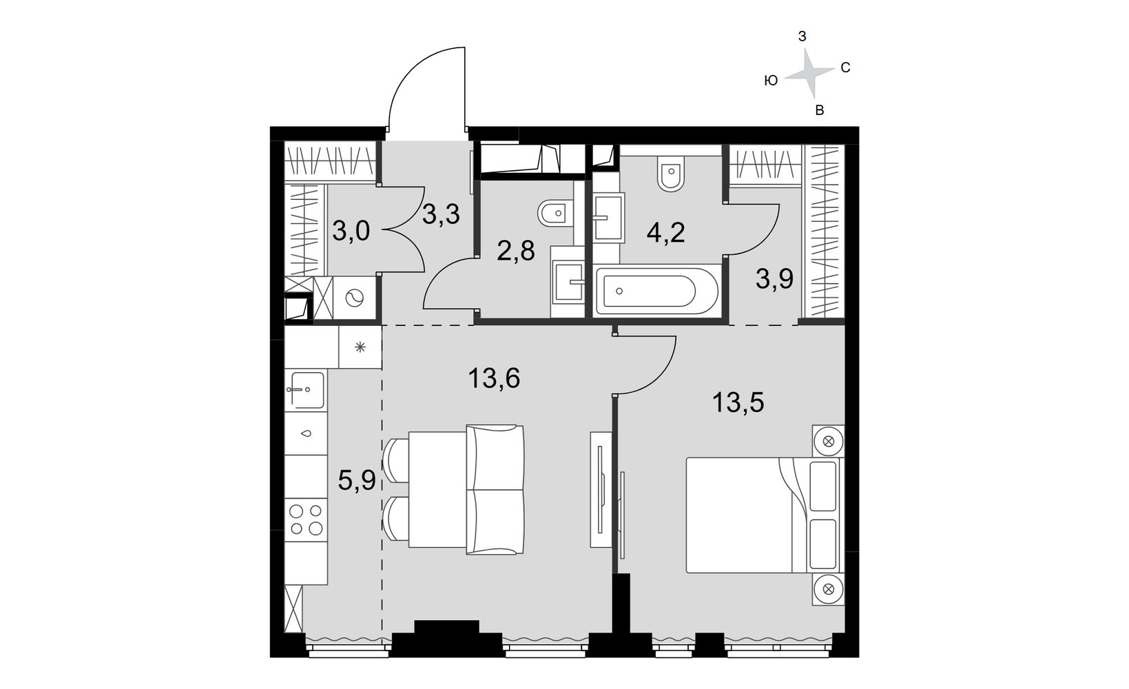 Планировка: 2-комнатная, 50.2 м²