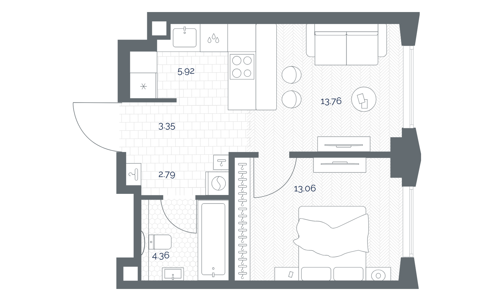 Планировка: 1-комнатная, 41 м²