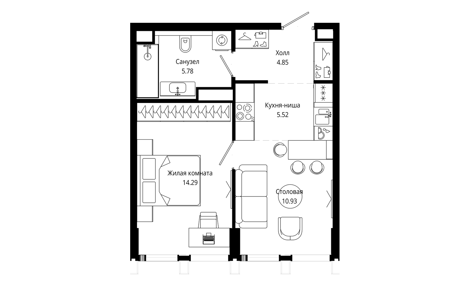 Планировка: 1-комнатная, 41.5 м²