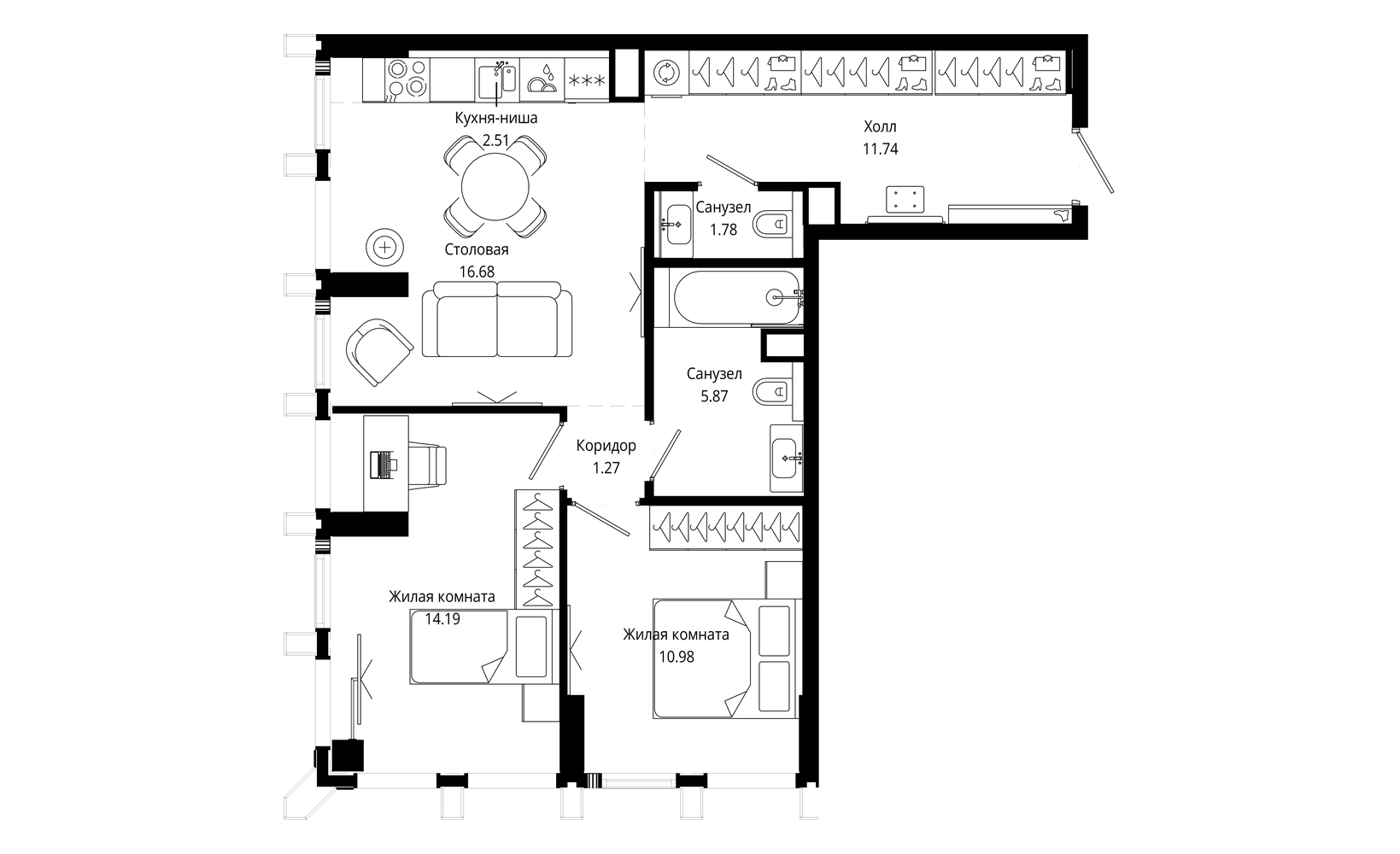 Планировка: 2-комнатная, 65.1 м²