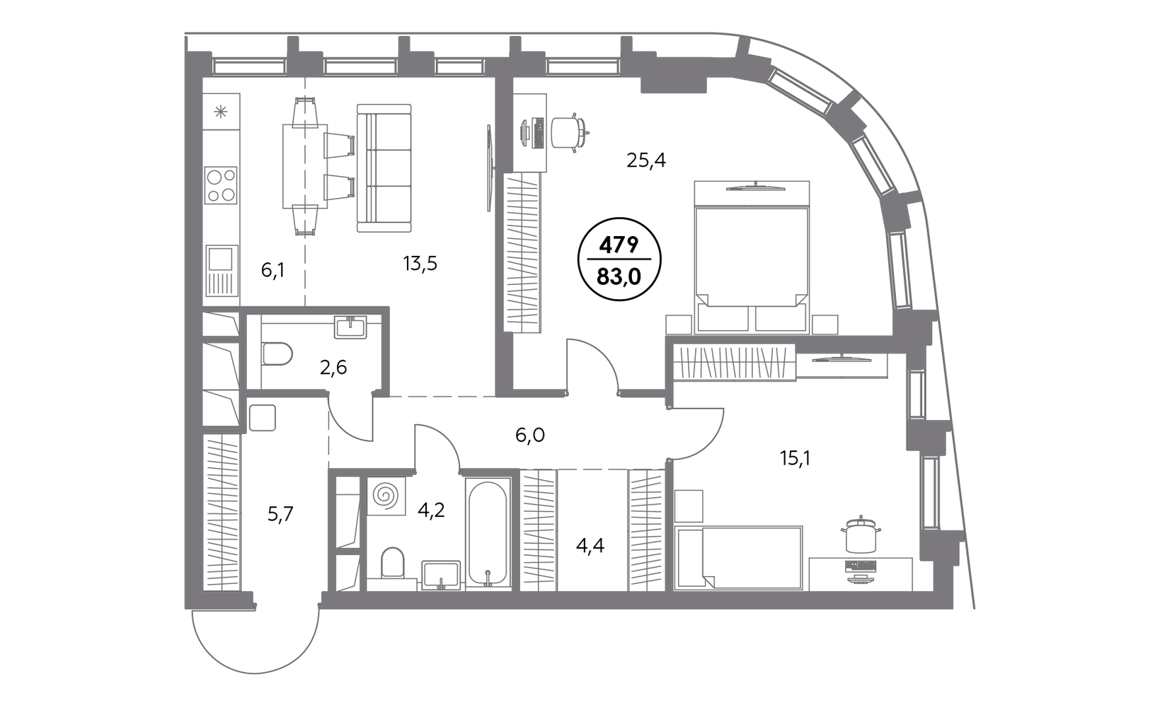 Планировка: 2-комнатная, 83 м²