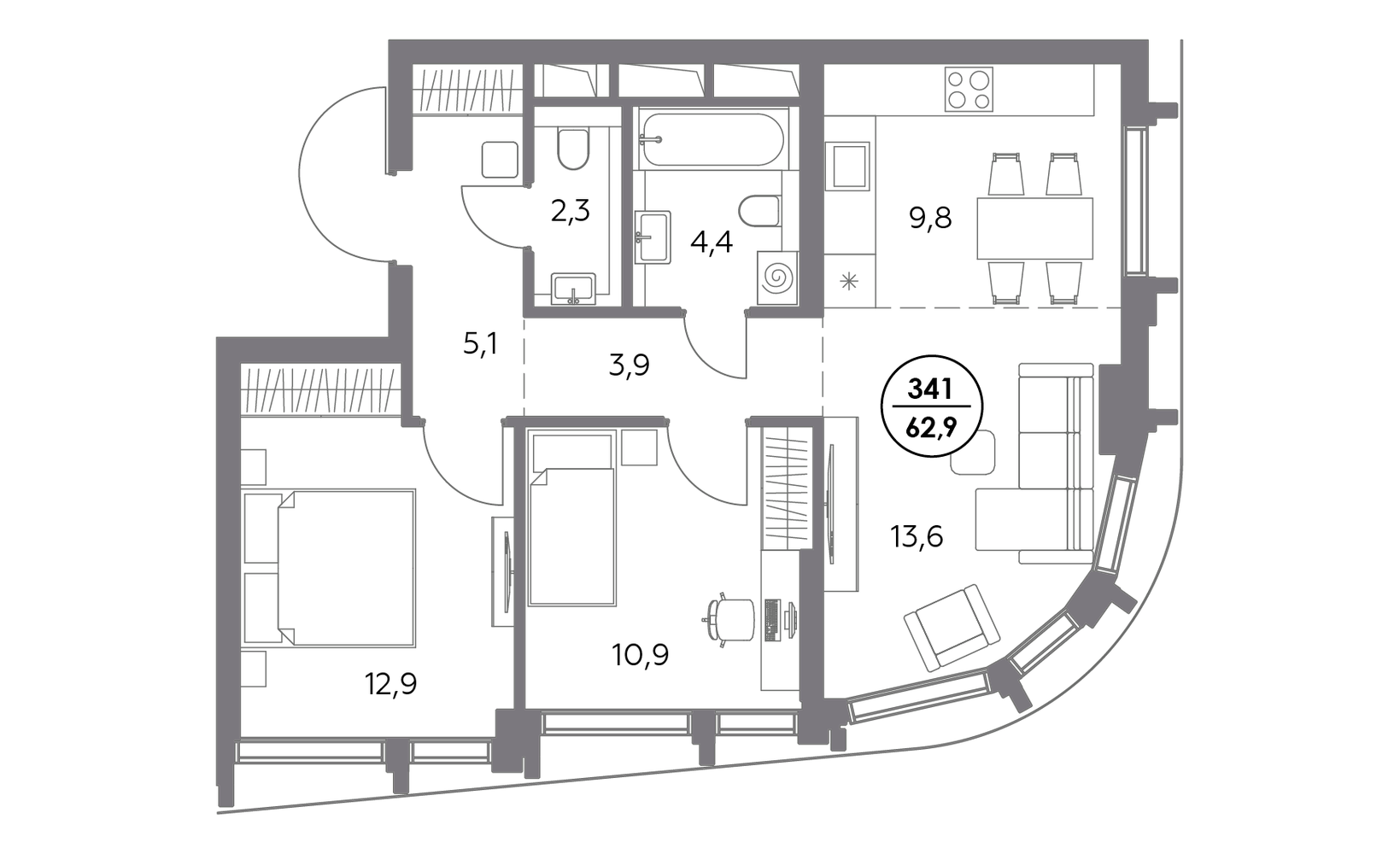 Планировка: 2-комнатная, 62.9 м²