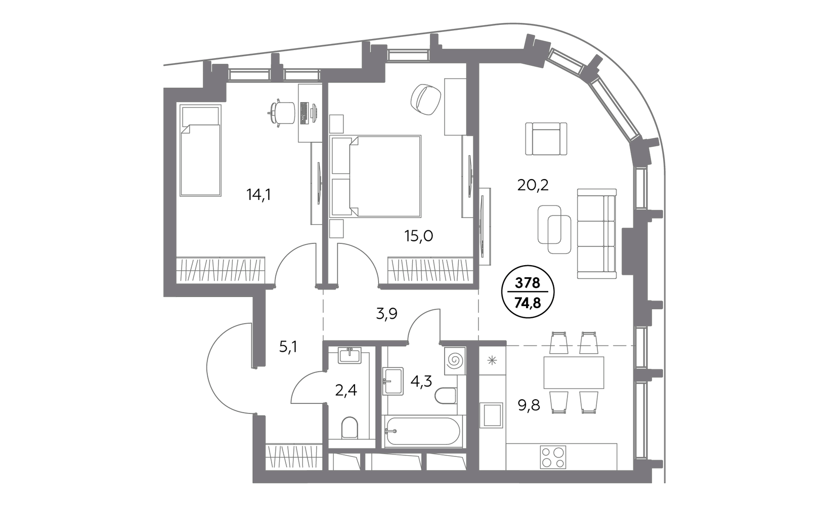 Планировка: 2-комнатная, 74.8 м²