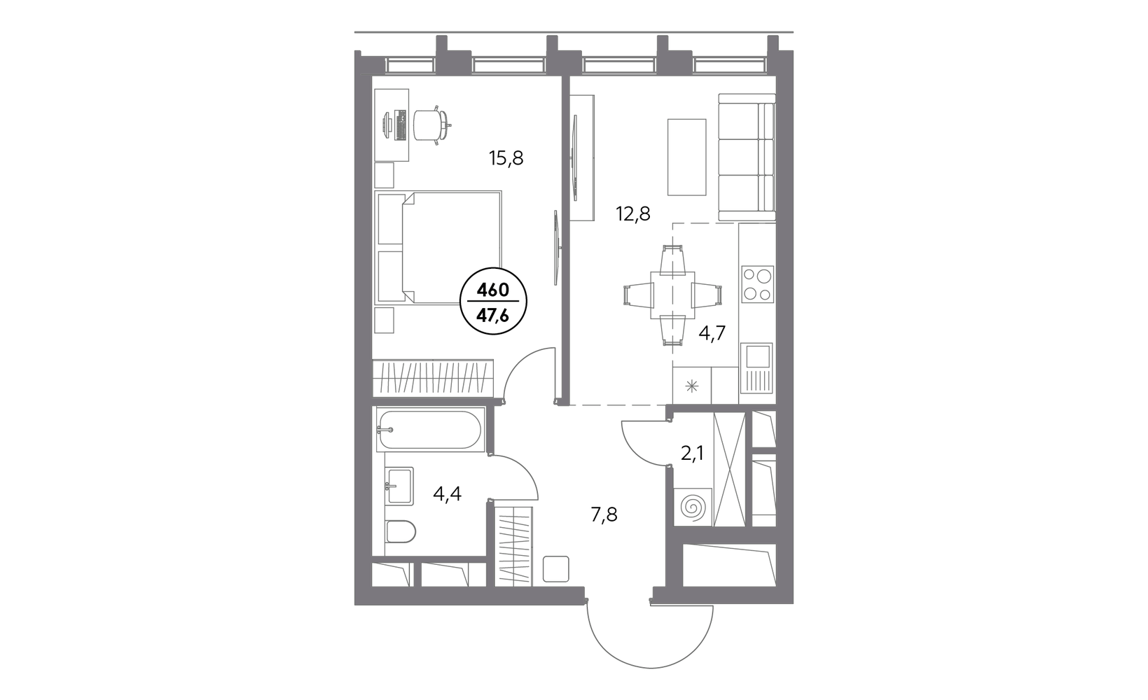 Планировка: 1-комнатная, 47.6 м²