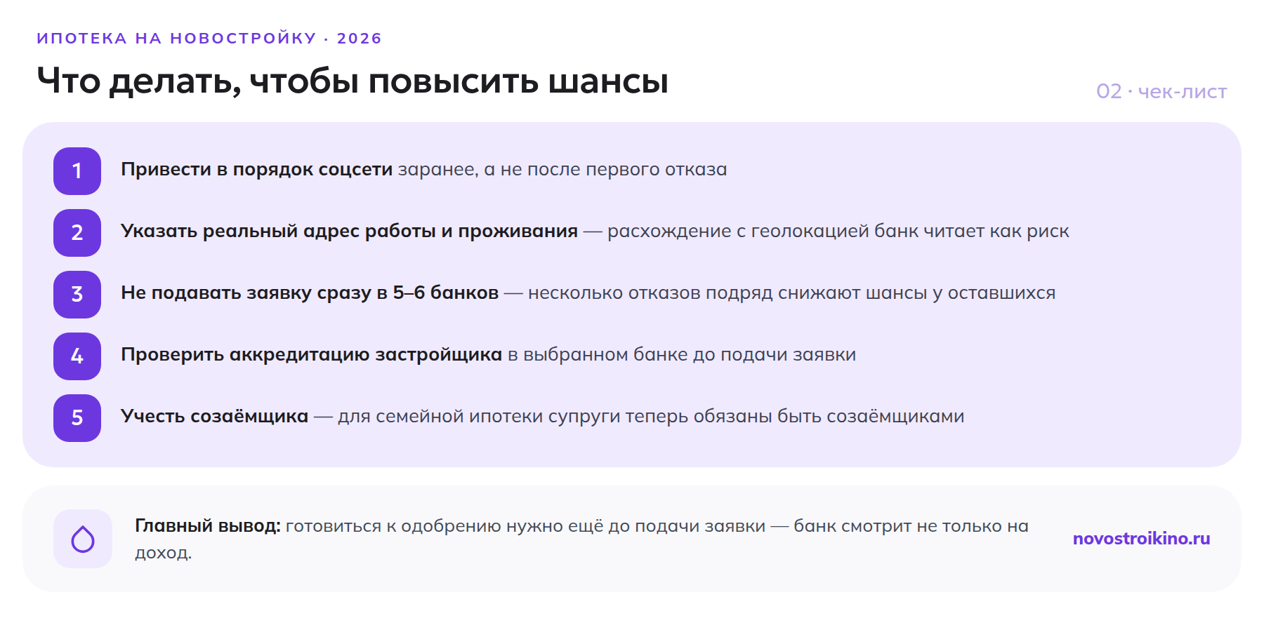 Чек-лист из пяти шагов, как повысить шансы на одобрение ипотеки на новостройку в 2026 году