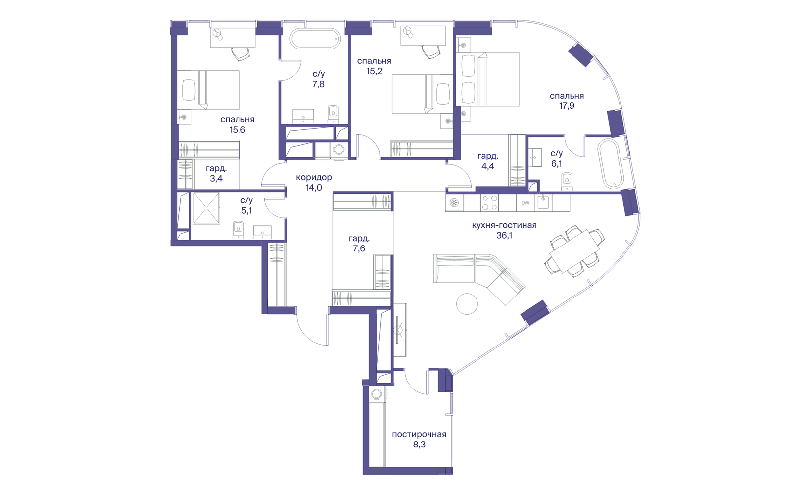 Планировка: 3-комнатная, 141.5 м²