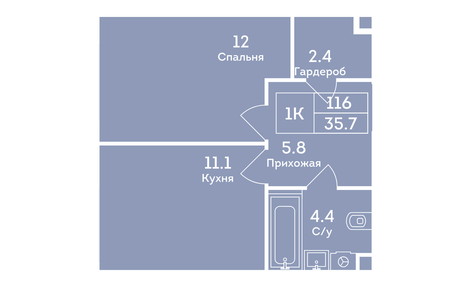 Планировка: 1-комнатная, 35.7 м²