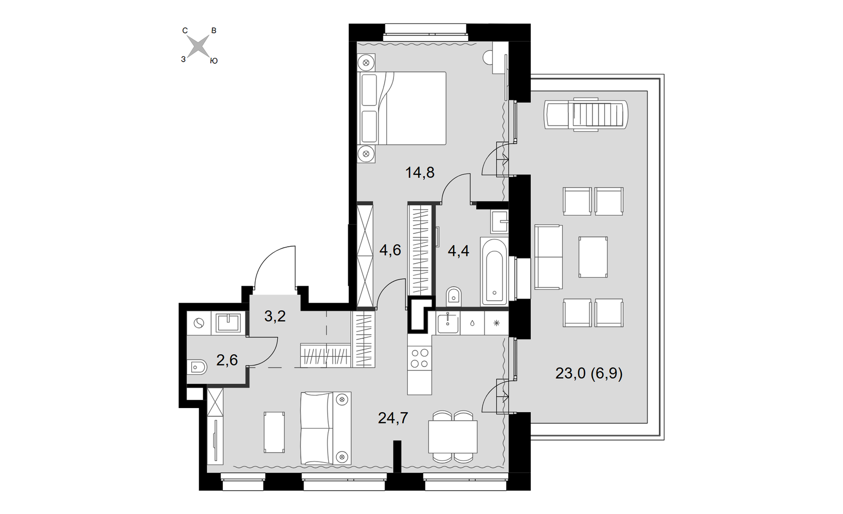 Планировка: 2-комнатная, 61.2 м²