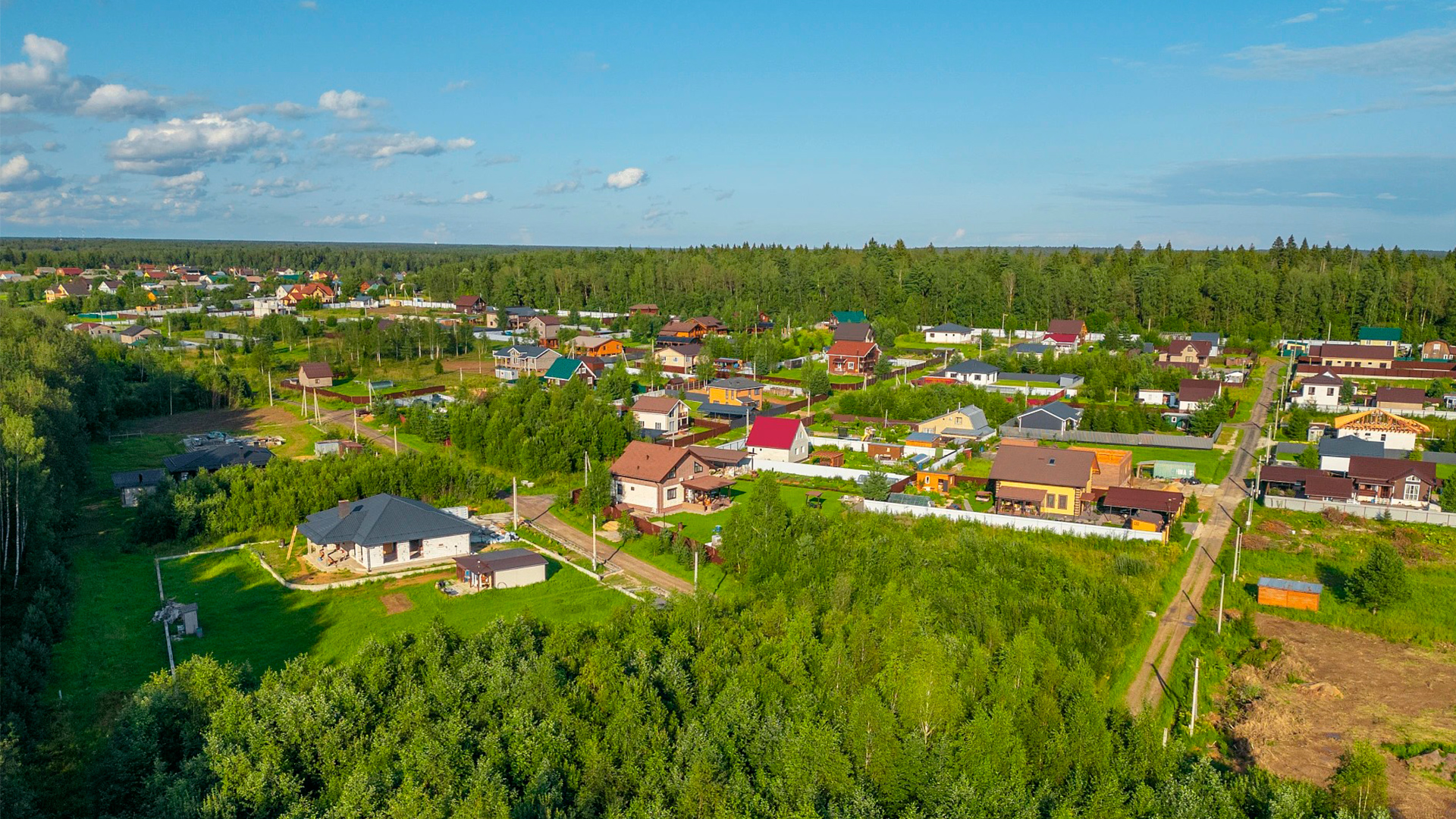 Коттеджный поселок летом улицы, дома