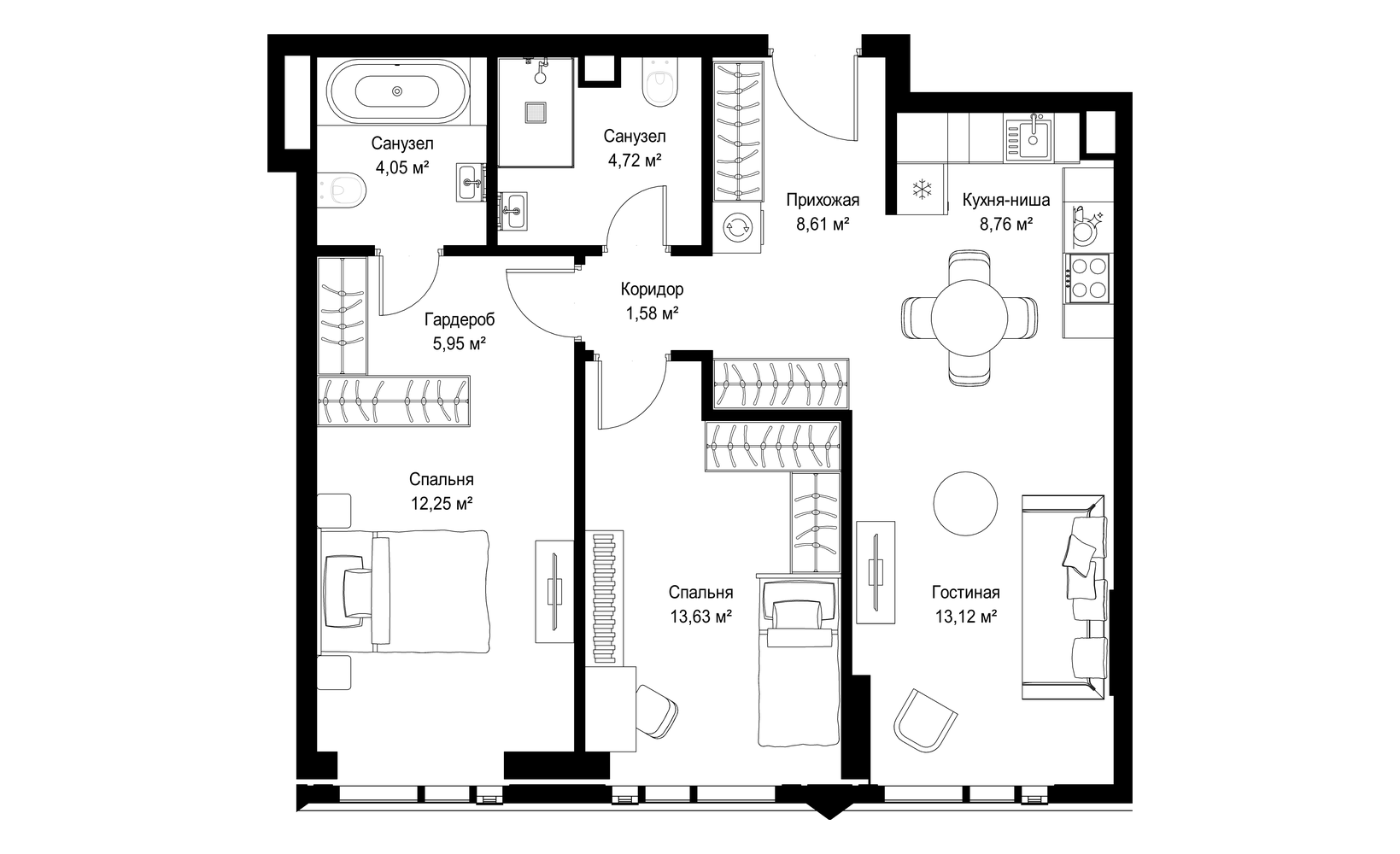 Планировка: 2-комнатная, 74 м²
