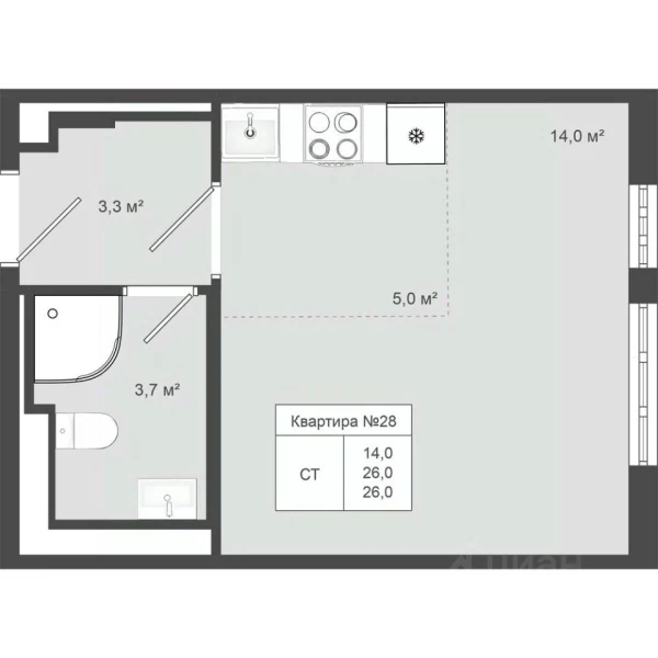 Планировка студии 26 м² в Яковлево