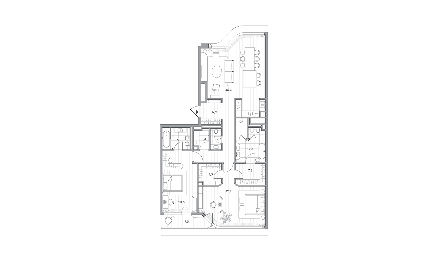 Планировка: 2-комнатная, 160.9 м²