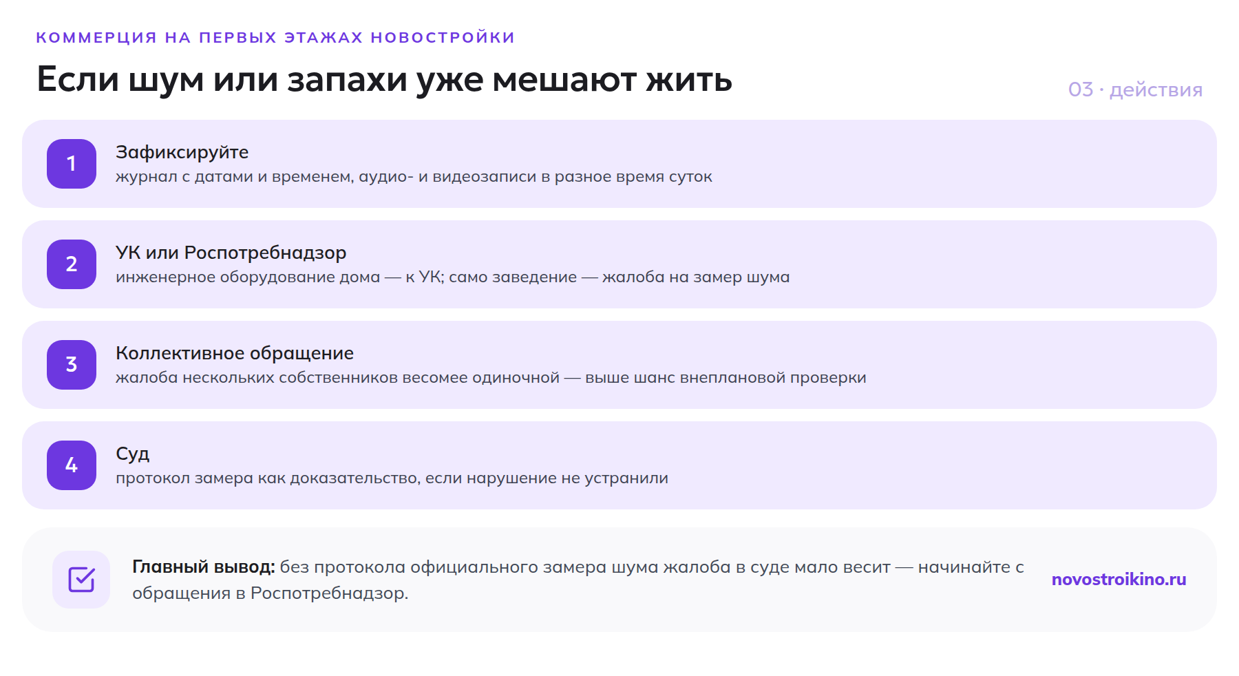 Четыре шага, если шум или запахи от коммерции на первом этаже мешают жить: зафиксировать, обратиться в УК или Роспотребнадзор, коллективная жалоба, суд