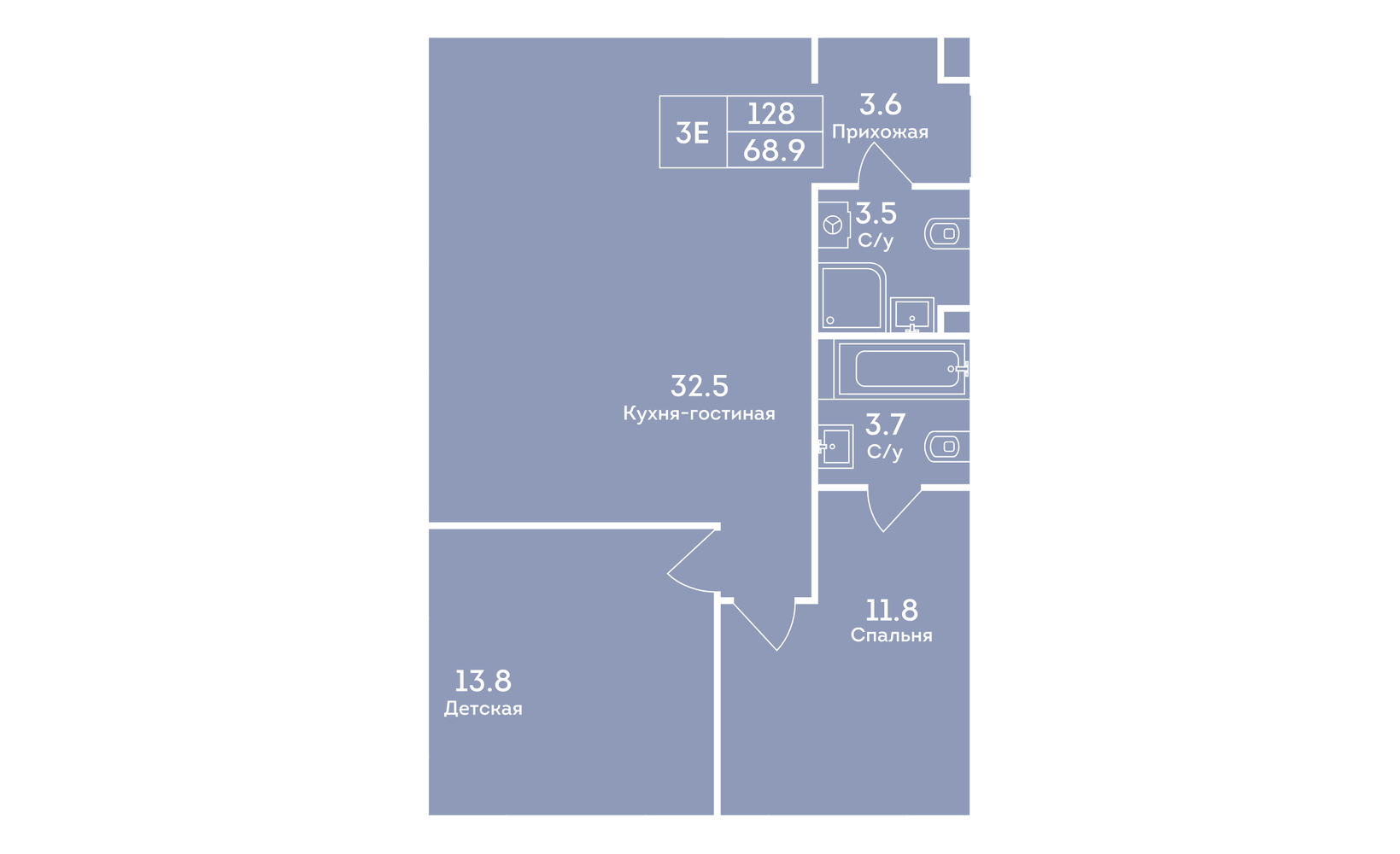Планировка: 3-комнатная, 68.9 м²