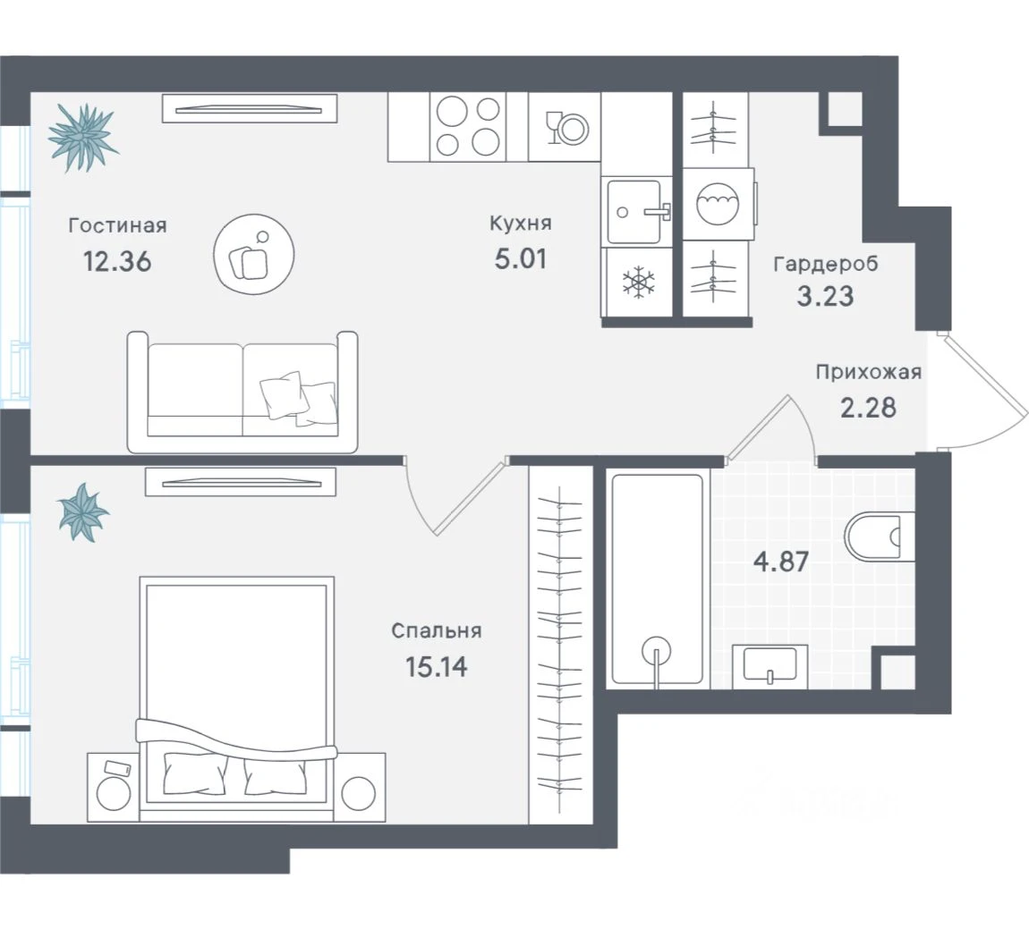 Планировка: 1-комнатная, 42.89 м², №114751